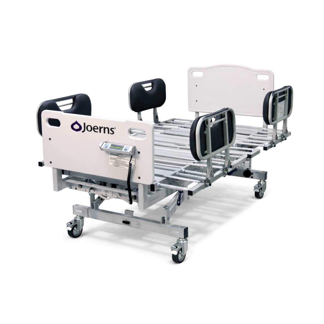 A Joerns RC 1000 Bariatric High Capacity Homecare Bed with adjustable metal slats, attached control panel, black side rails, wheels for mobility, and white head/foot boards. Mattress not included.